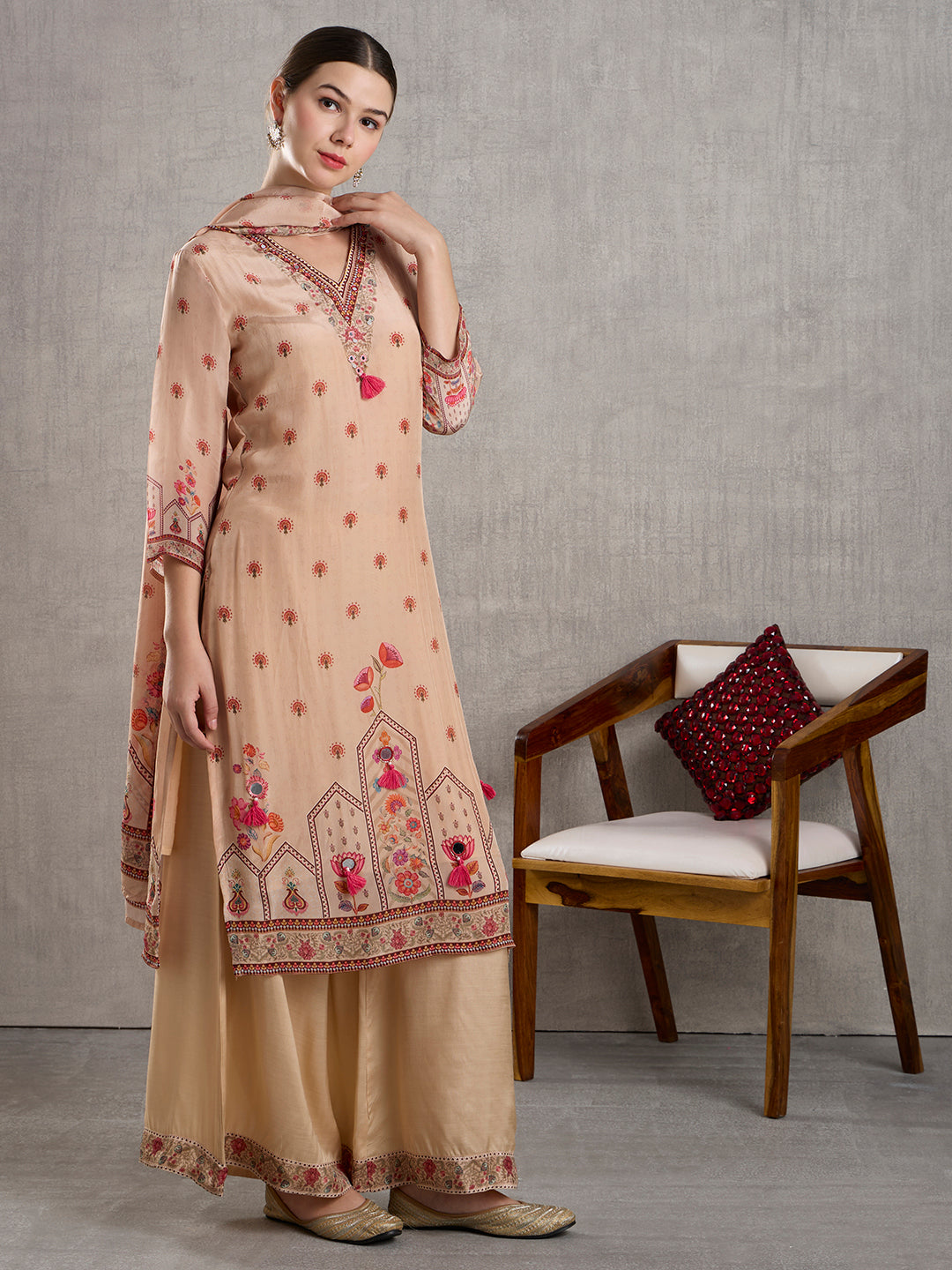 Ethnic Floral Printed Straight Kurta with Palazzo and Dupatta - Cream