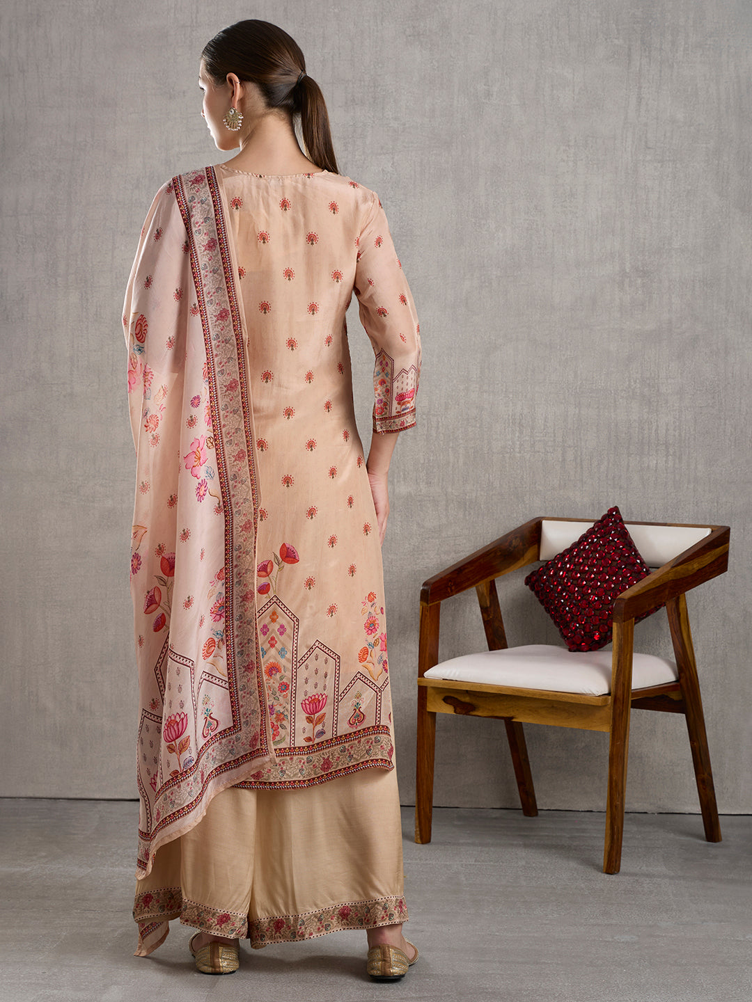Ethnic Floral Printed Straight Kurta with Palazzo and Dupatta - Cream