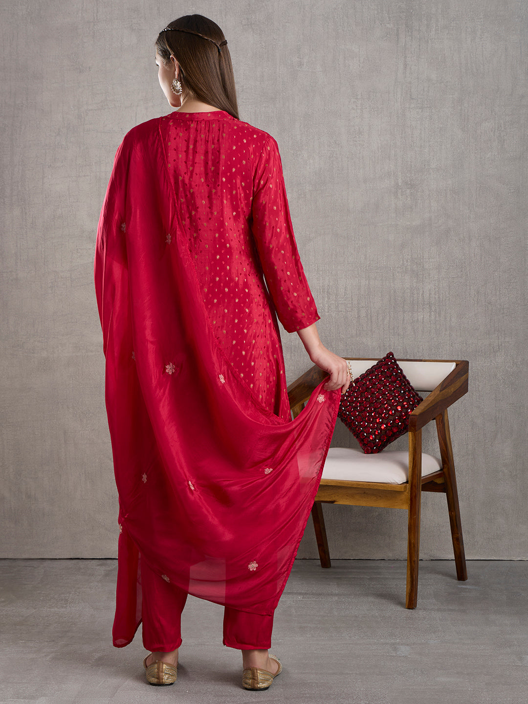 Solid Floral Embroidered Jacquard Kurta with Pant & Dupatta - Red
