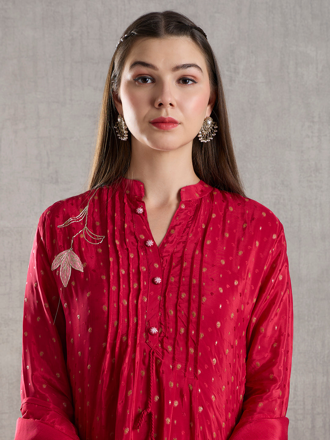 Solid Floral Embroidered Jacquard Kurta with Pant & Dupatta - Red