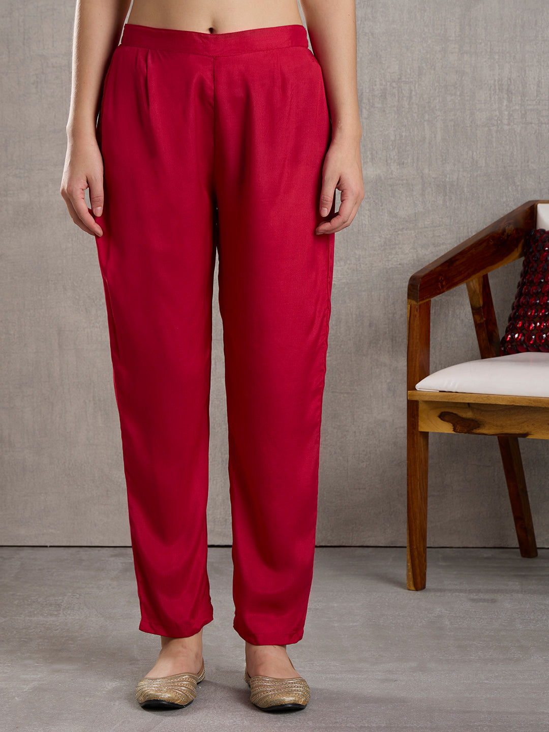 Solid Floral Embroidered Jacquard Kurta with Pant & Dupatta - Red