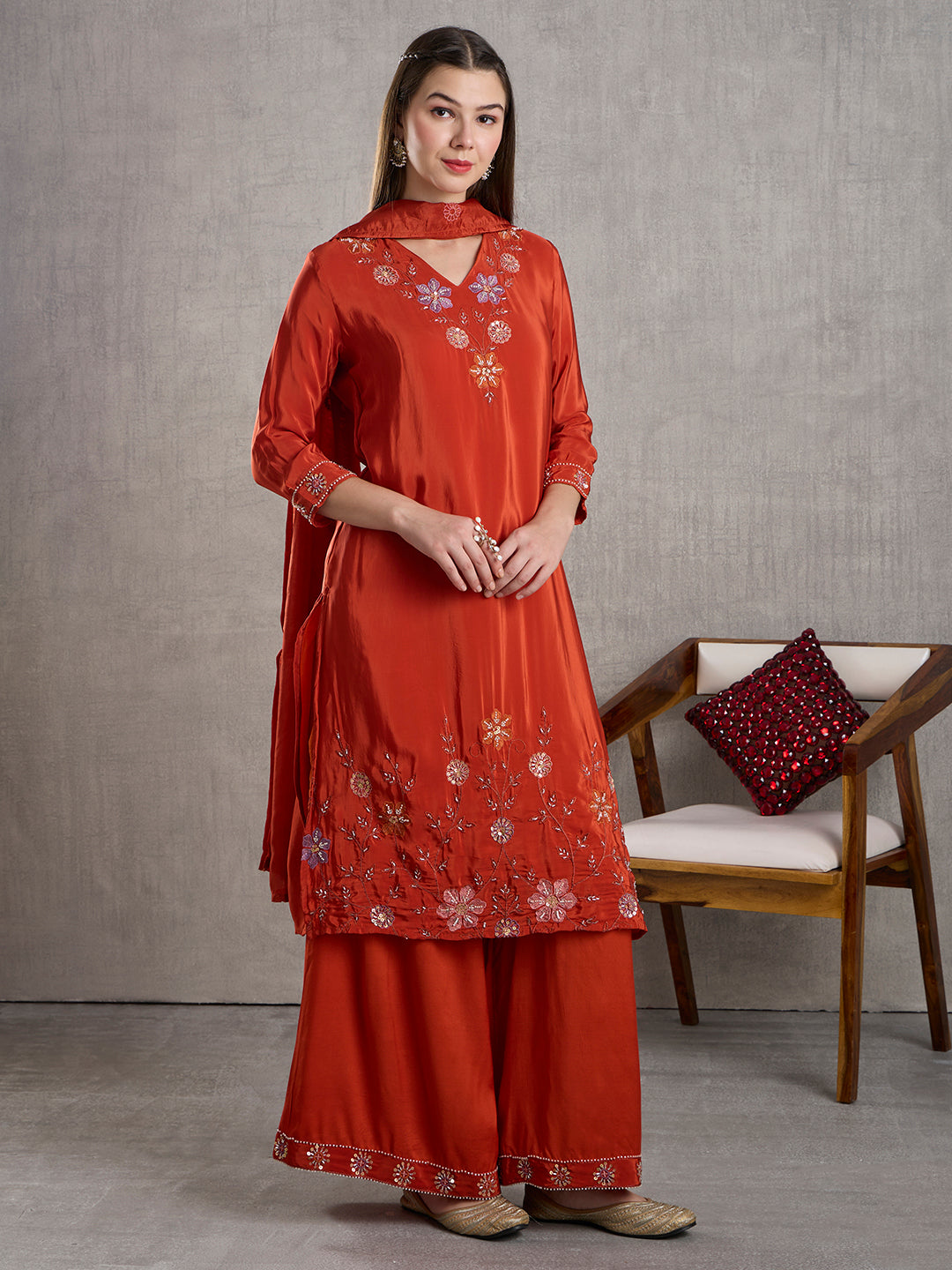 Solid Floral Embroidered Straight Kurta with Palazzo and Dupatta - Rust