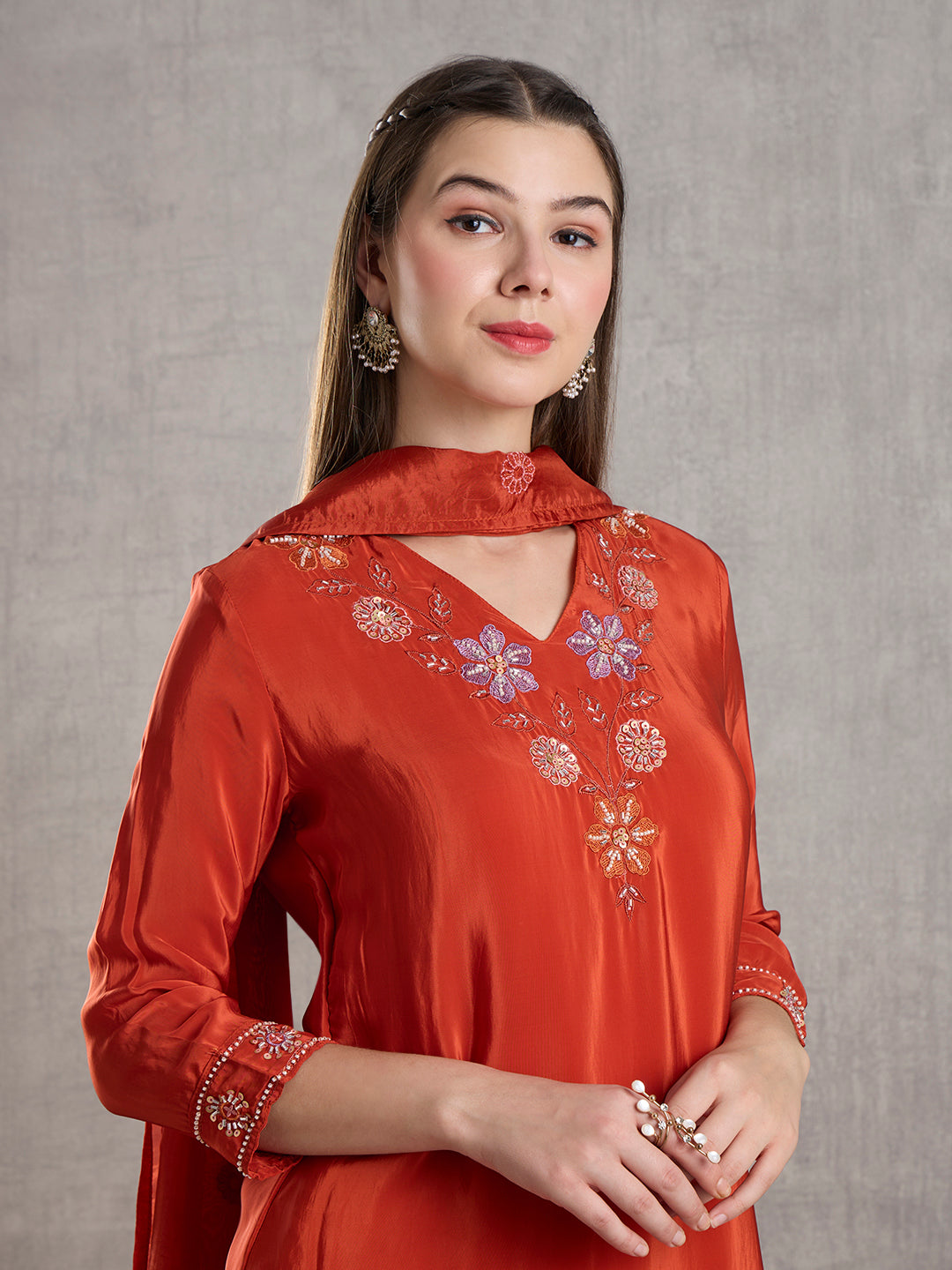 Solid Floral Embroidered Straight Kurta with Palazzo and Dupatta - Rust
