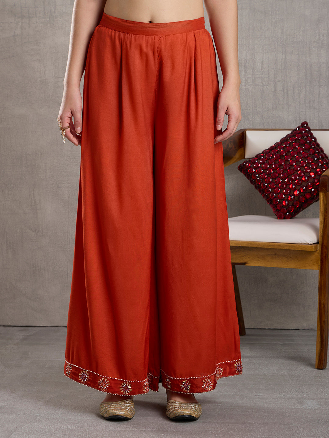 Solid Floral Embroidered Straight Kurta with Palazzo and Dupatta - Rust
