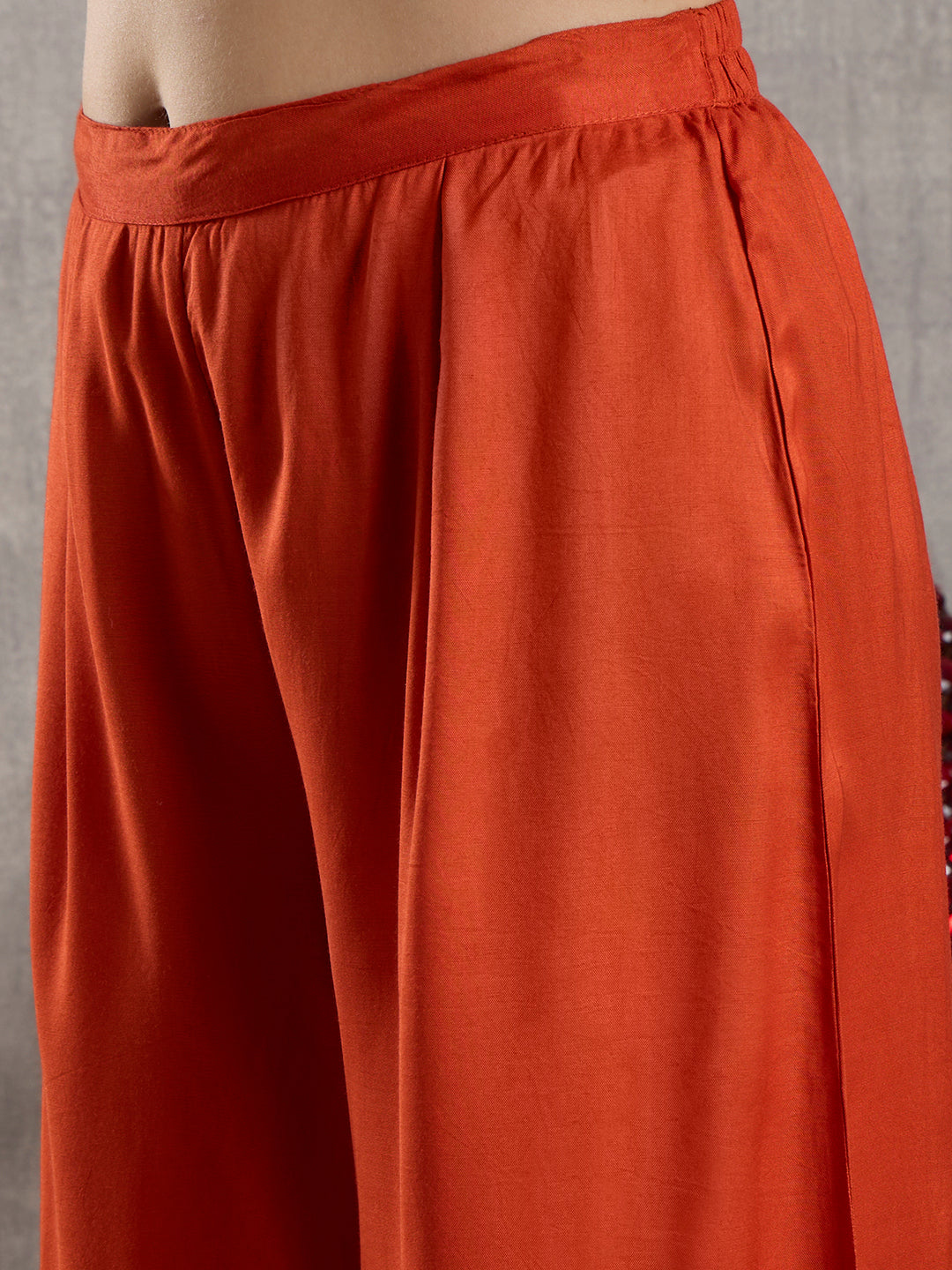 Solid Floral Embroidered Straight Kurta with Palazzo and Dupatta - Rust