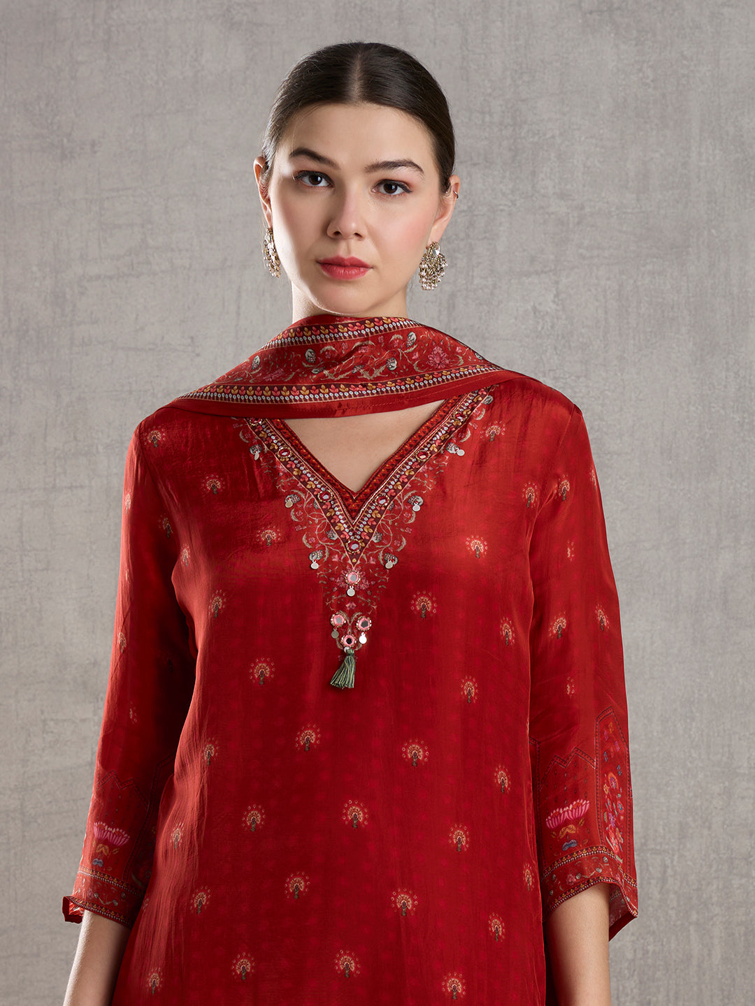 Ethnic Floral Printed Embroidered Kurta with Palazzo and Dupatta - Red