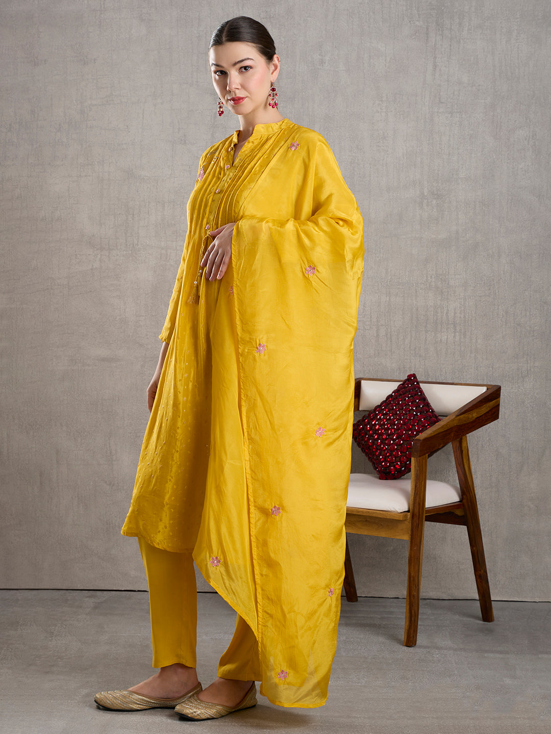 Solid Floral Embroidered Jacquard Kurta with Pant & Dupatta - Yellow