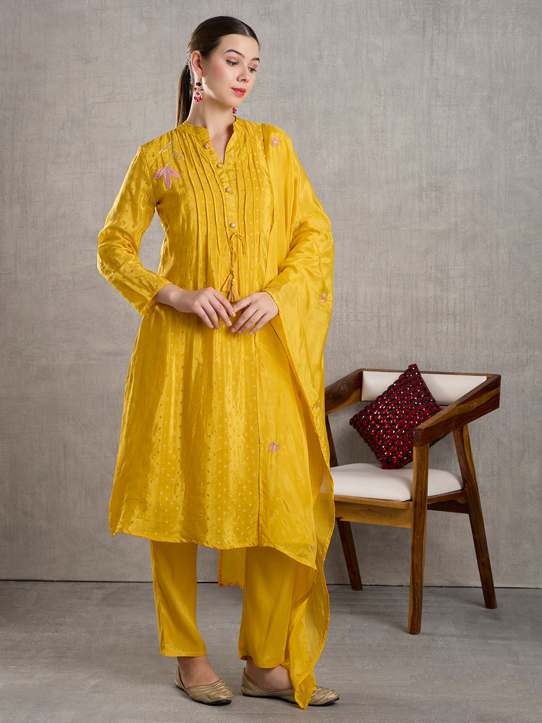 Solid Floral Embroidered Jacquard Kurta with Pant & Dupatta - Yellow