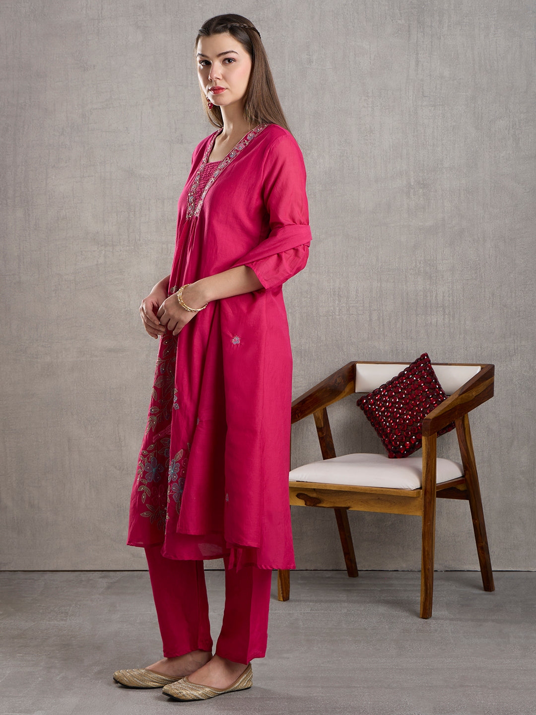 Solid Floral Embroidered A-Line Kurta with Pant & Dupatta - Pink
