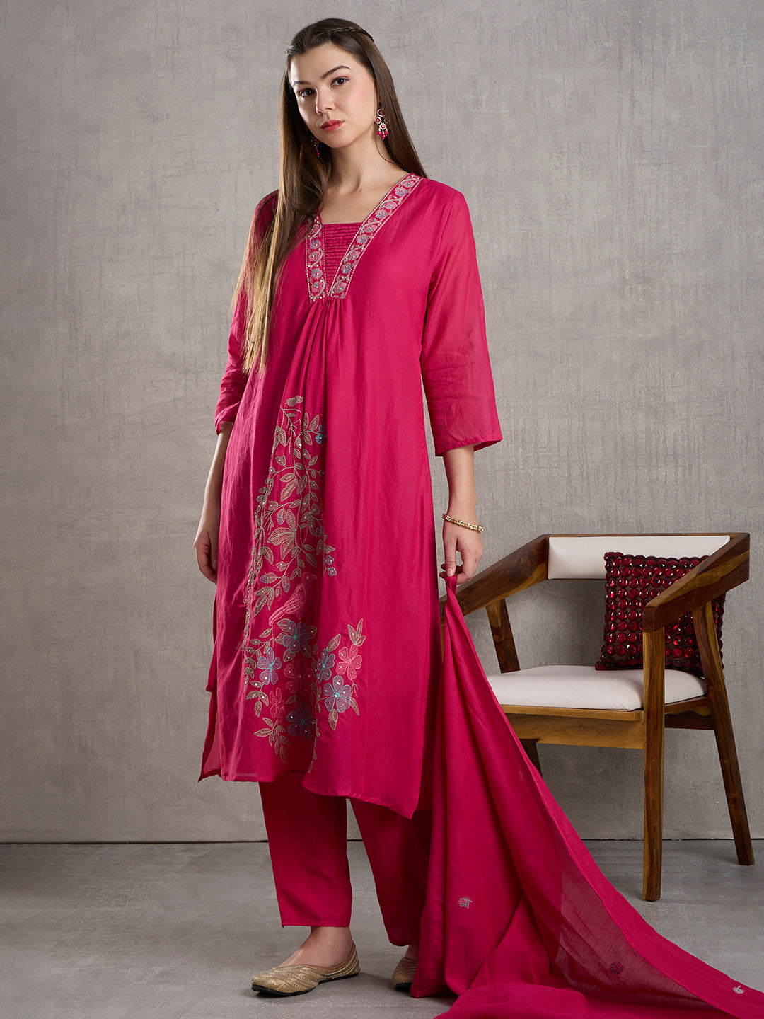Solid Floral Embroidered A-Line Kurta with Pant & Dupatta - Pink