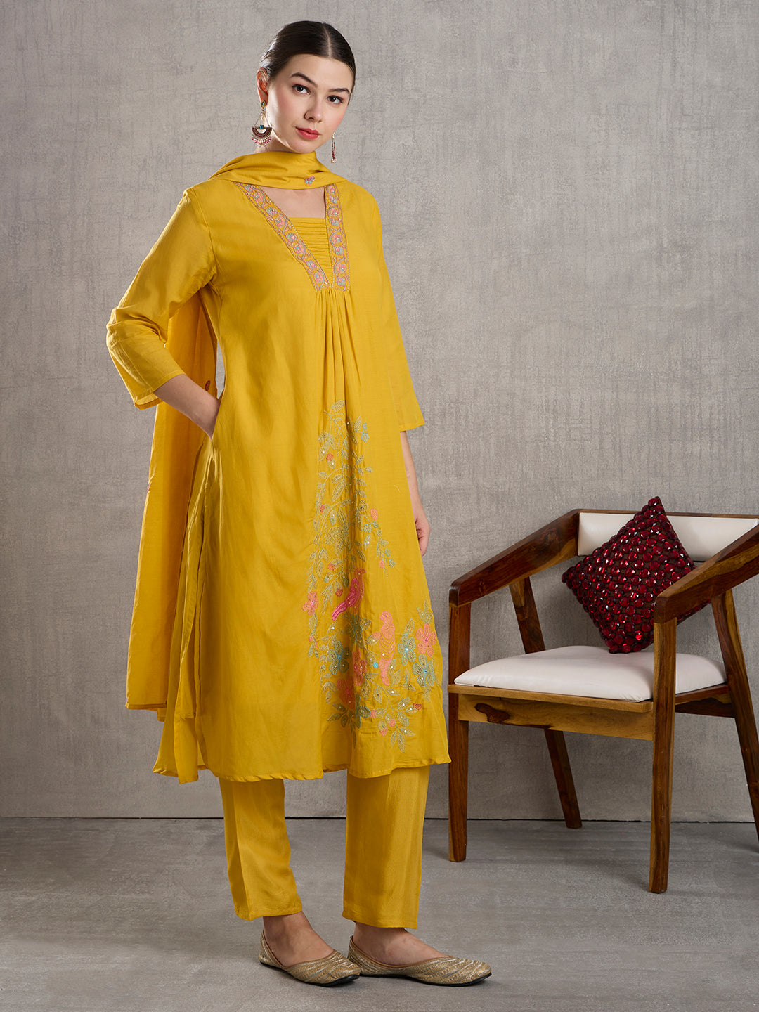 Solid Floral Embroidered A-Line Kurta with Pant & Dupatta - Yellow
