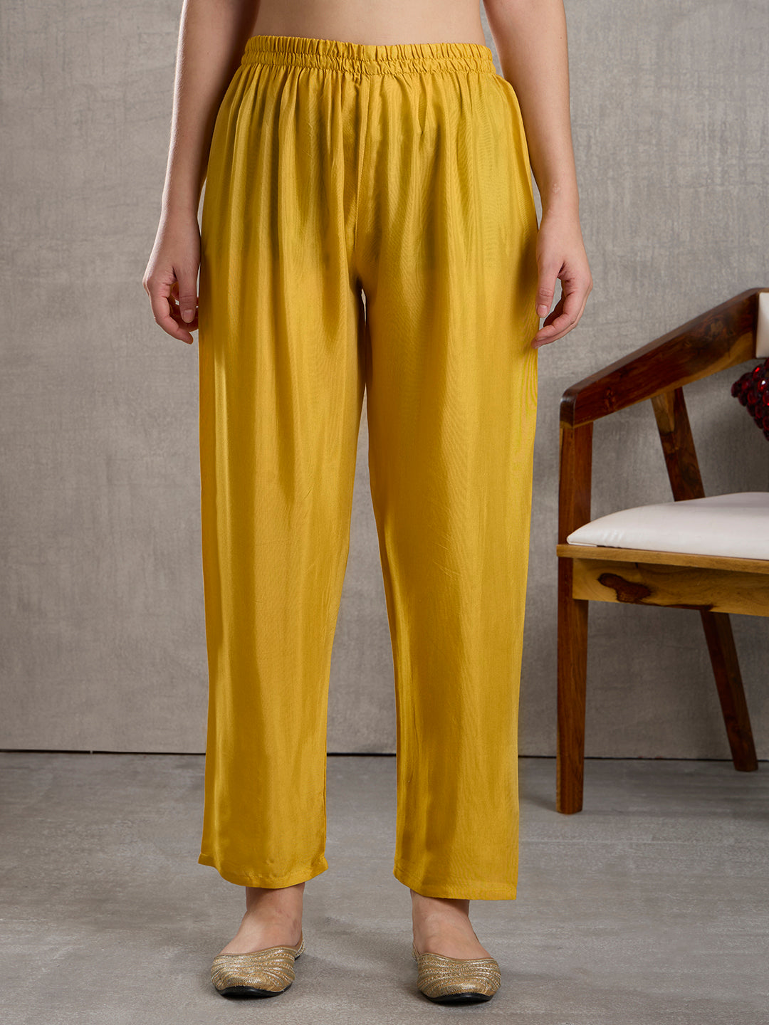 Solid Floral Embroidered A-Line Kurta with Pant & Dupatta - Yellow