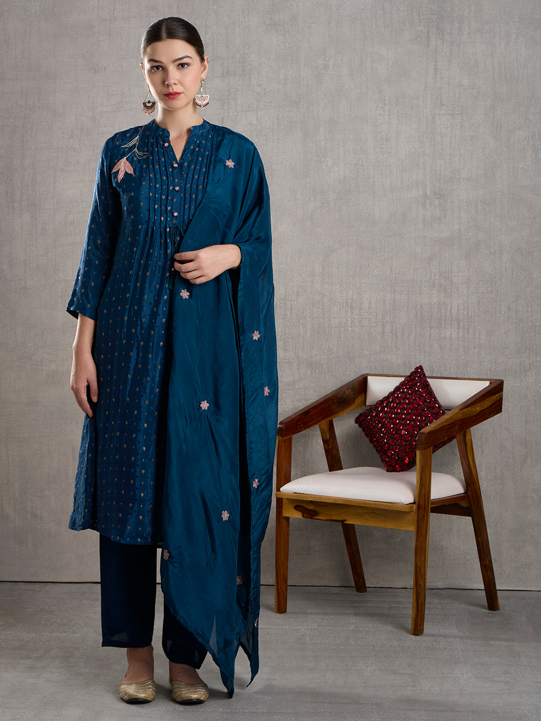 Solid Floral Embroidered Jacquard Kurta with Pant & Dupatta - Navy Blue