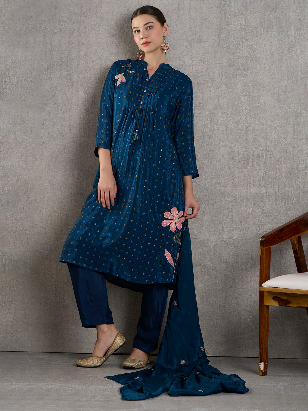 Solid Floral Embroidered Jacquard Kurta with Pant & Dupatta - Navy Blue
