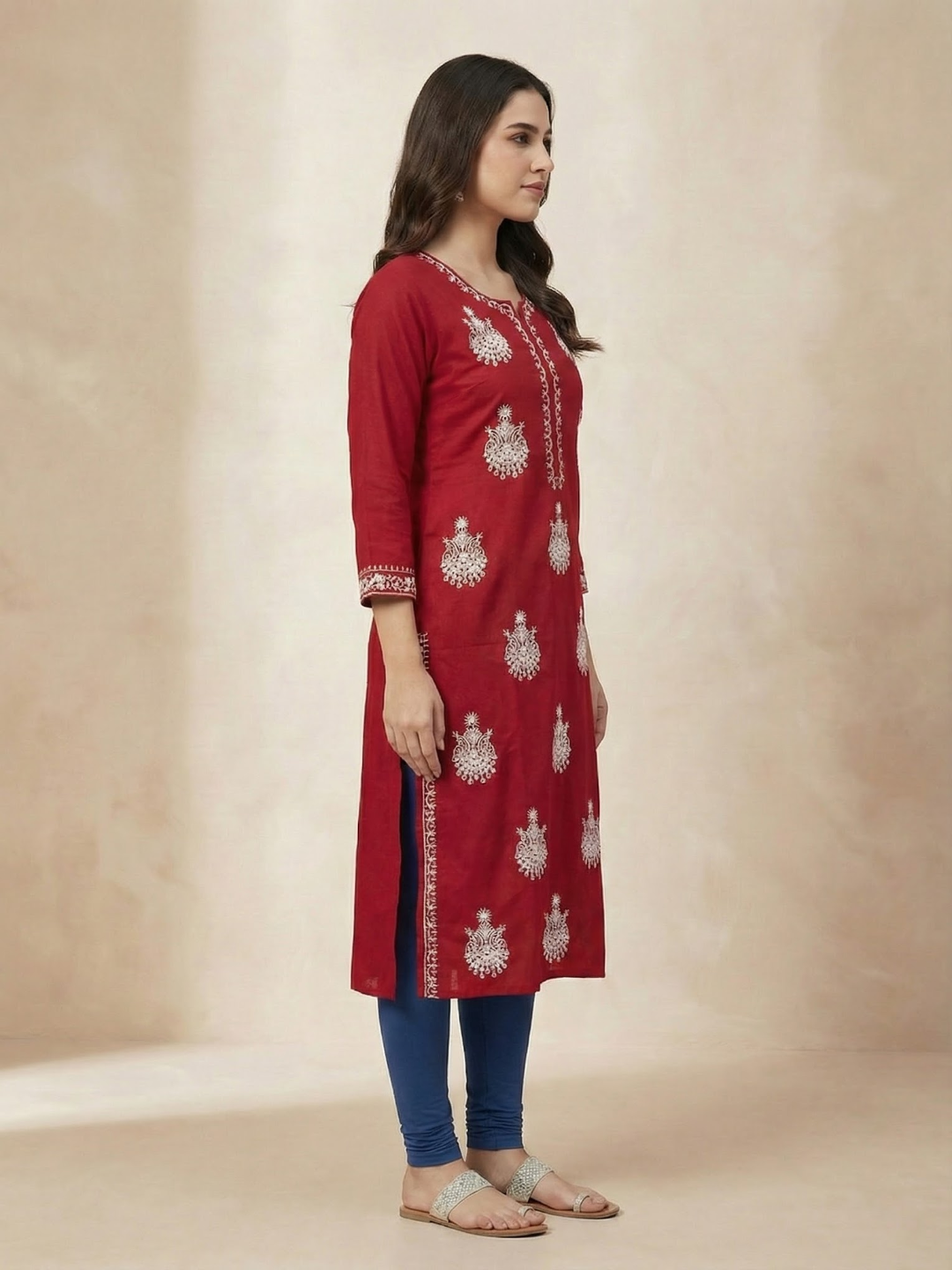 Solid Floral Chikankari Embroidered Straight Fit Kurta - Red
