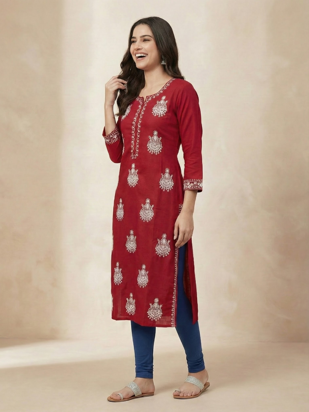 Solid Floral Chikankari Embroidered Straight Fit Kurta - Red