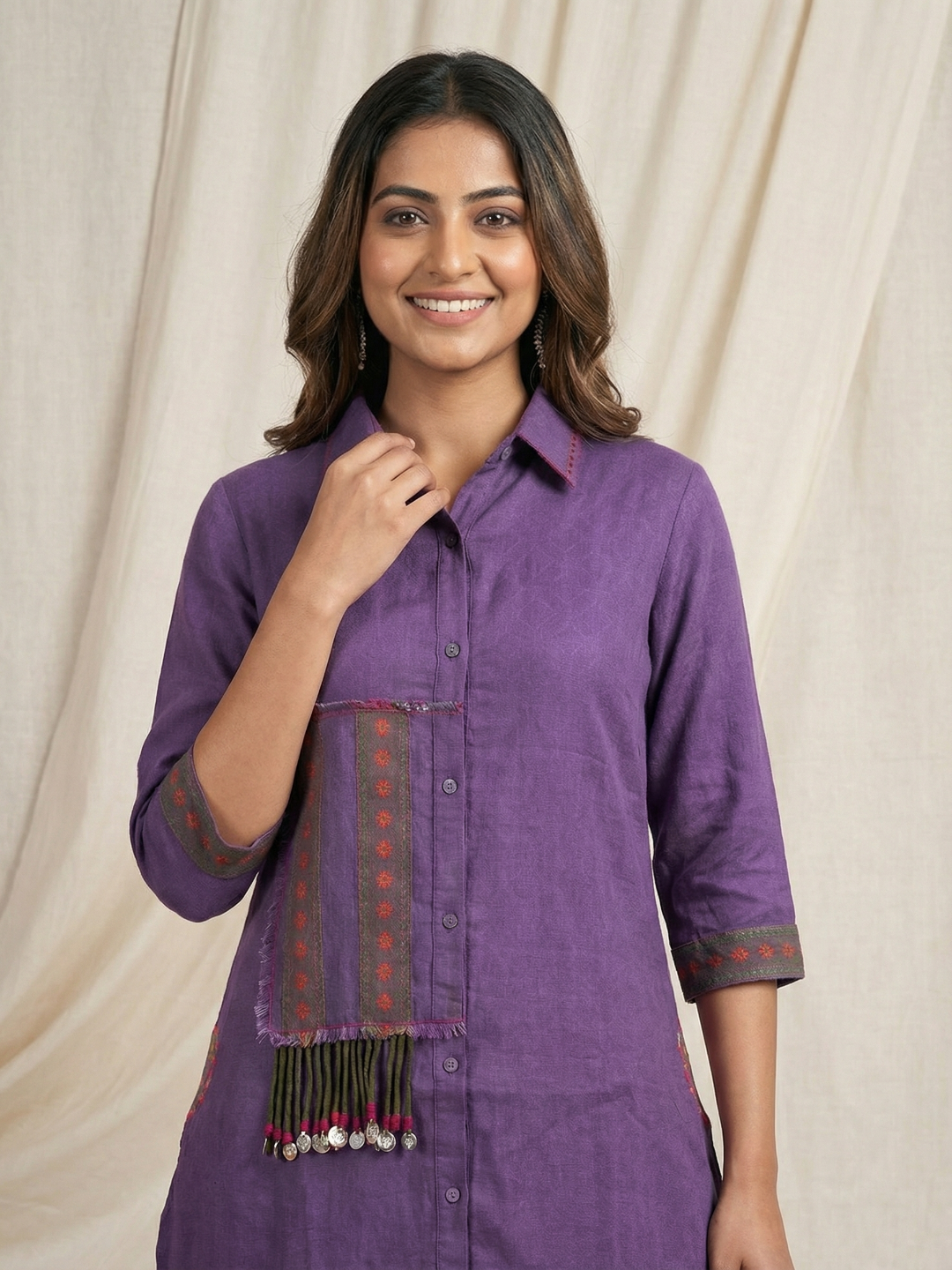 Solid Patchwork Floral Back Printed Kurta with Pant - Purple