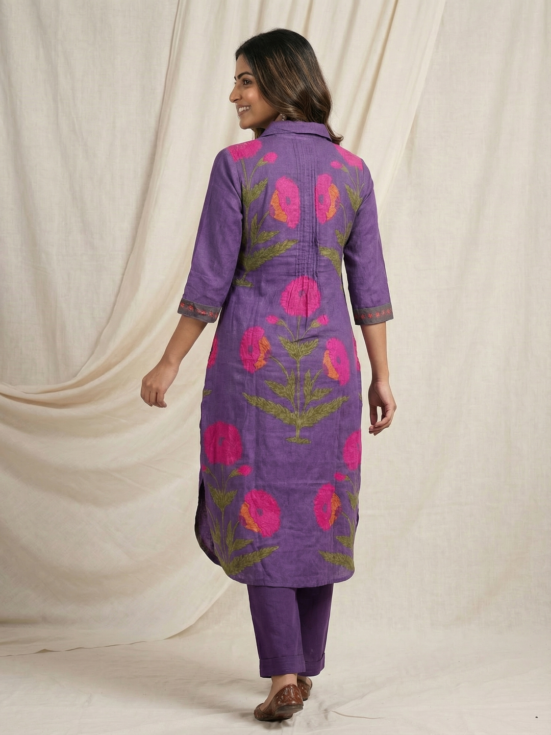 Solid Patchwork Floral Back Printed Kurta with Pant - Purple