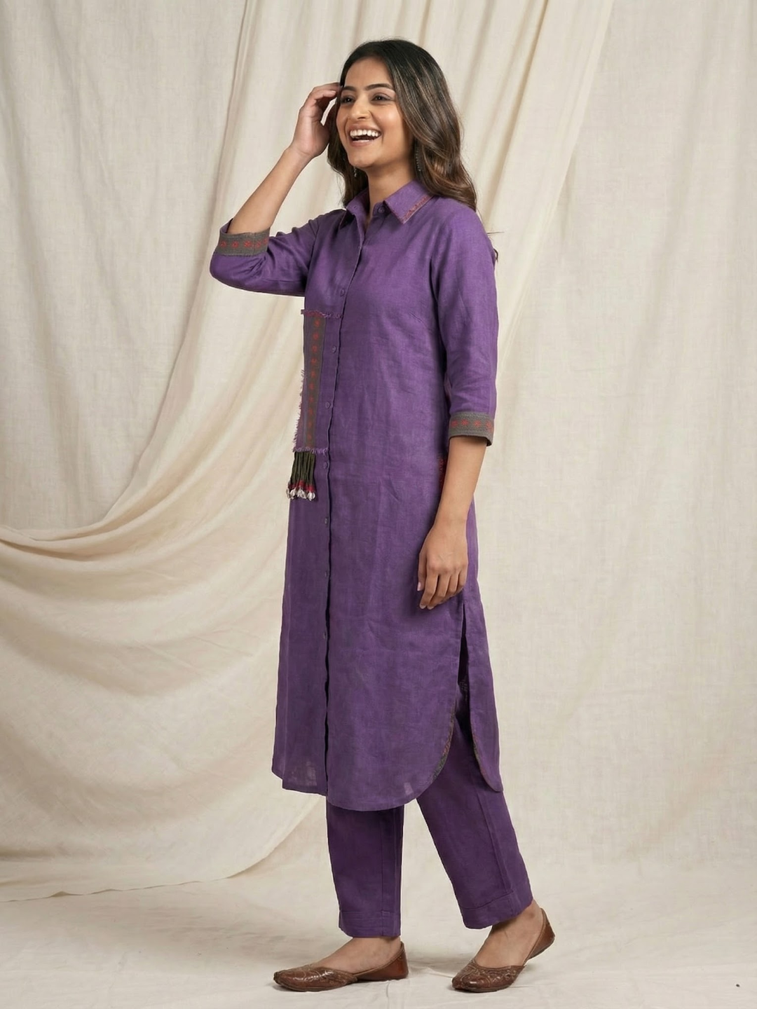Solid Patchwork Floral Back Printed Kurta with Pant - Purple