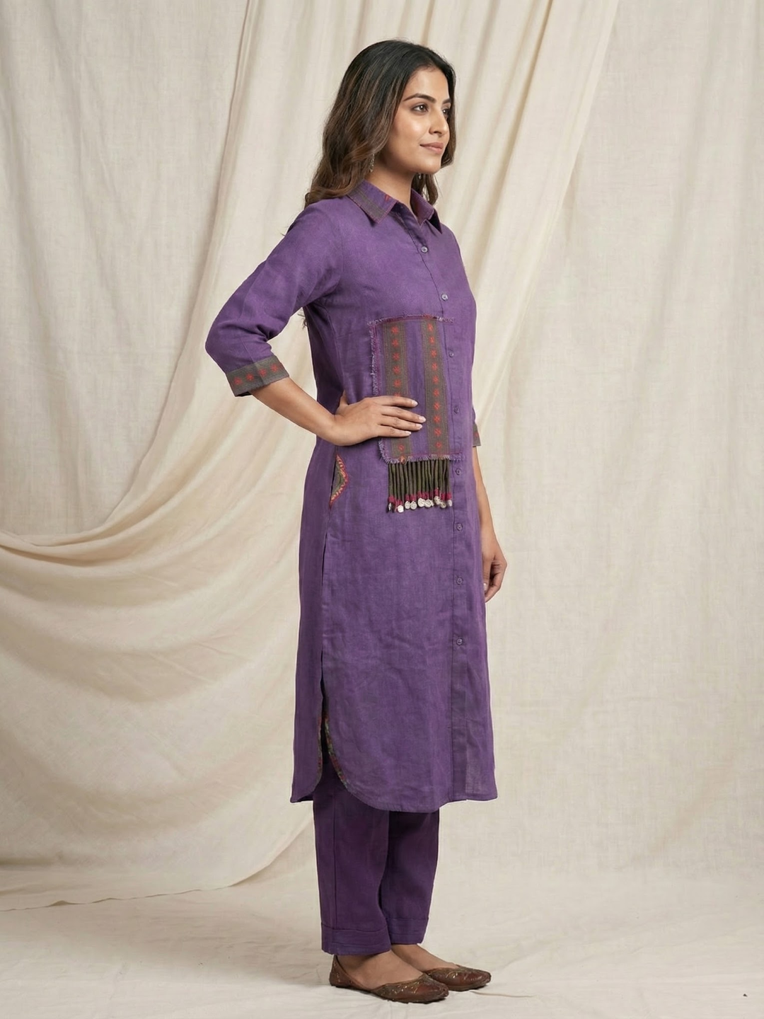Solid Patchwork Floral Back Printed Kurta with Pant - Purple