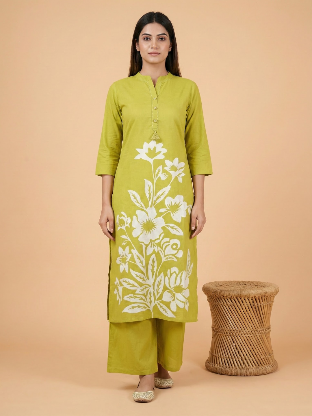 Solid Floral Printed Straight Fit Co-ord Set - Lime Green