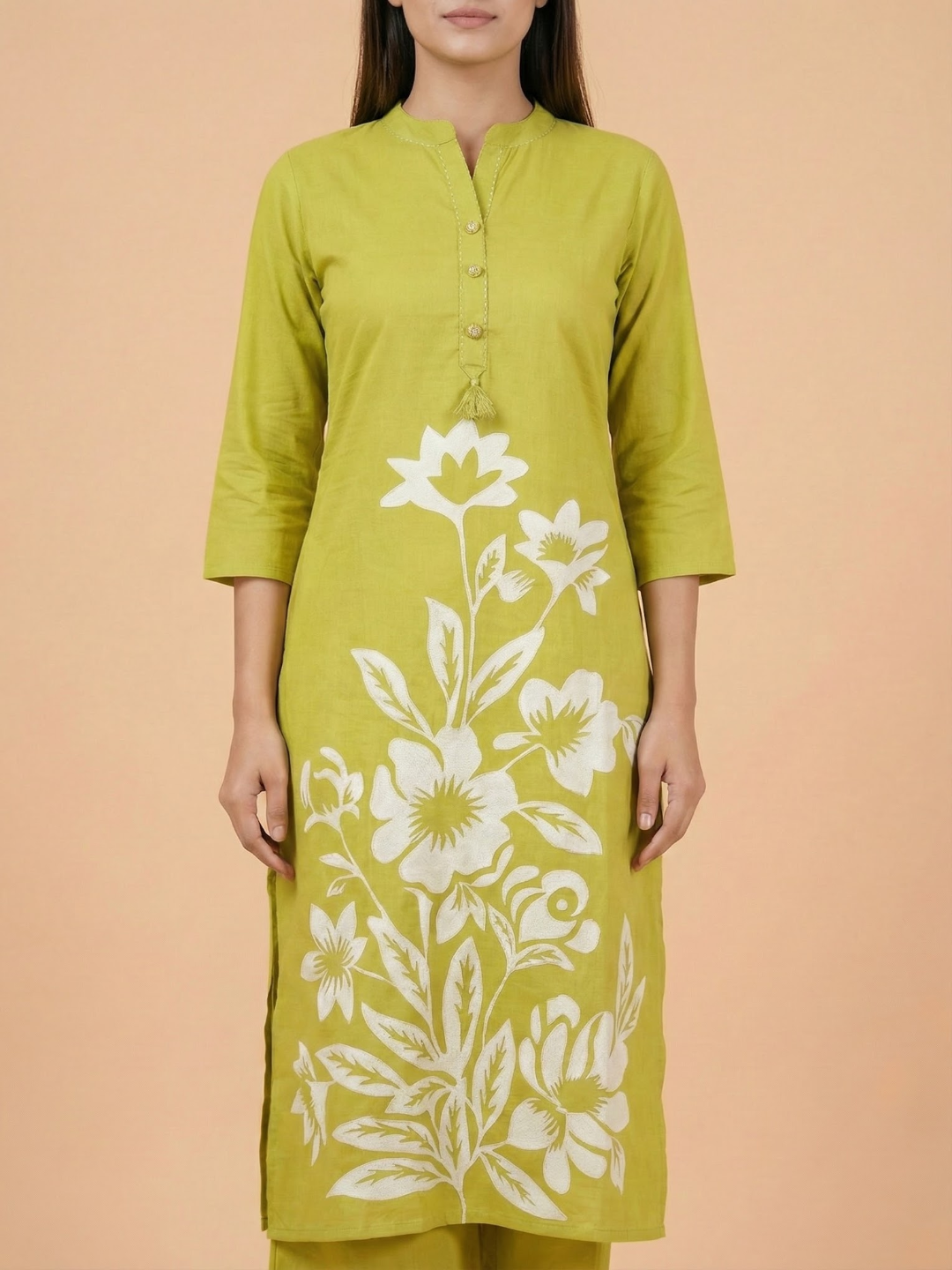 Solid Floral Printed Straight Fit Co-ord Set - Lime Green