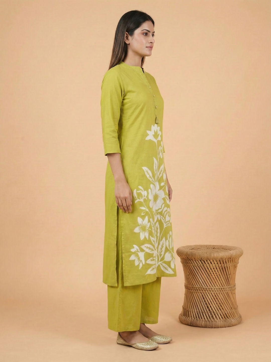 Solid Floral Printed Straight Fit Co-ord Set - Lime Green