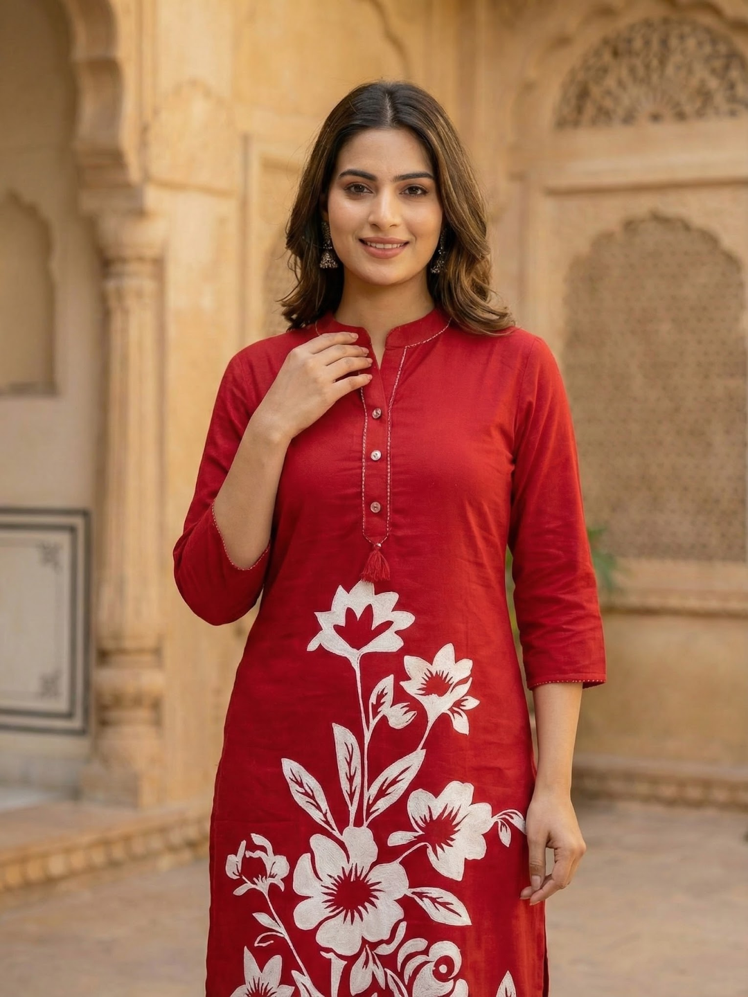 Solid Floral Printed Straight Fit Co-ord Set - Red