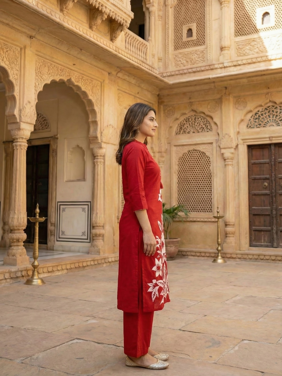 Solid Floral Printed Straight Fit Co-ord Set - Red