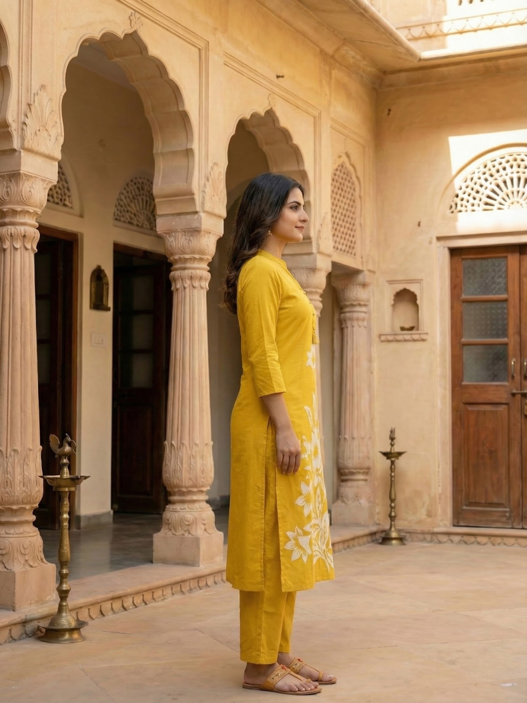 Solid Floral Printed Straight Fit Co-ord Set - Yellow