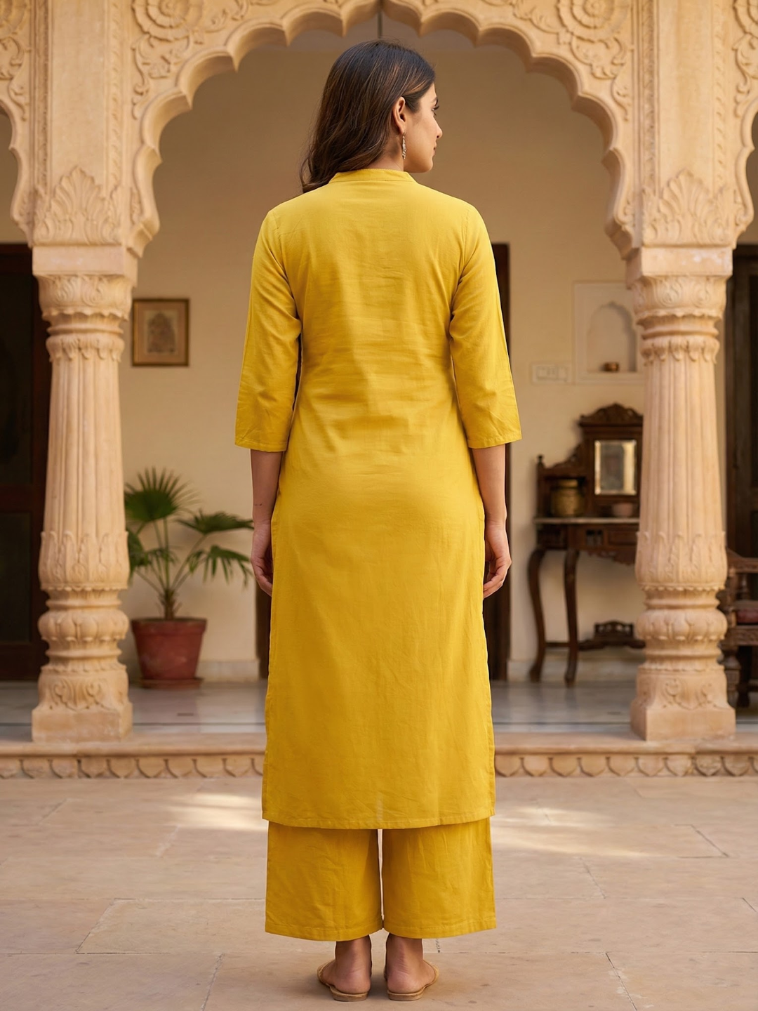 Solid Floral Printed Straight Fit Co-ord Set - Yellow