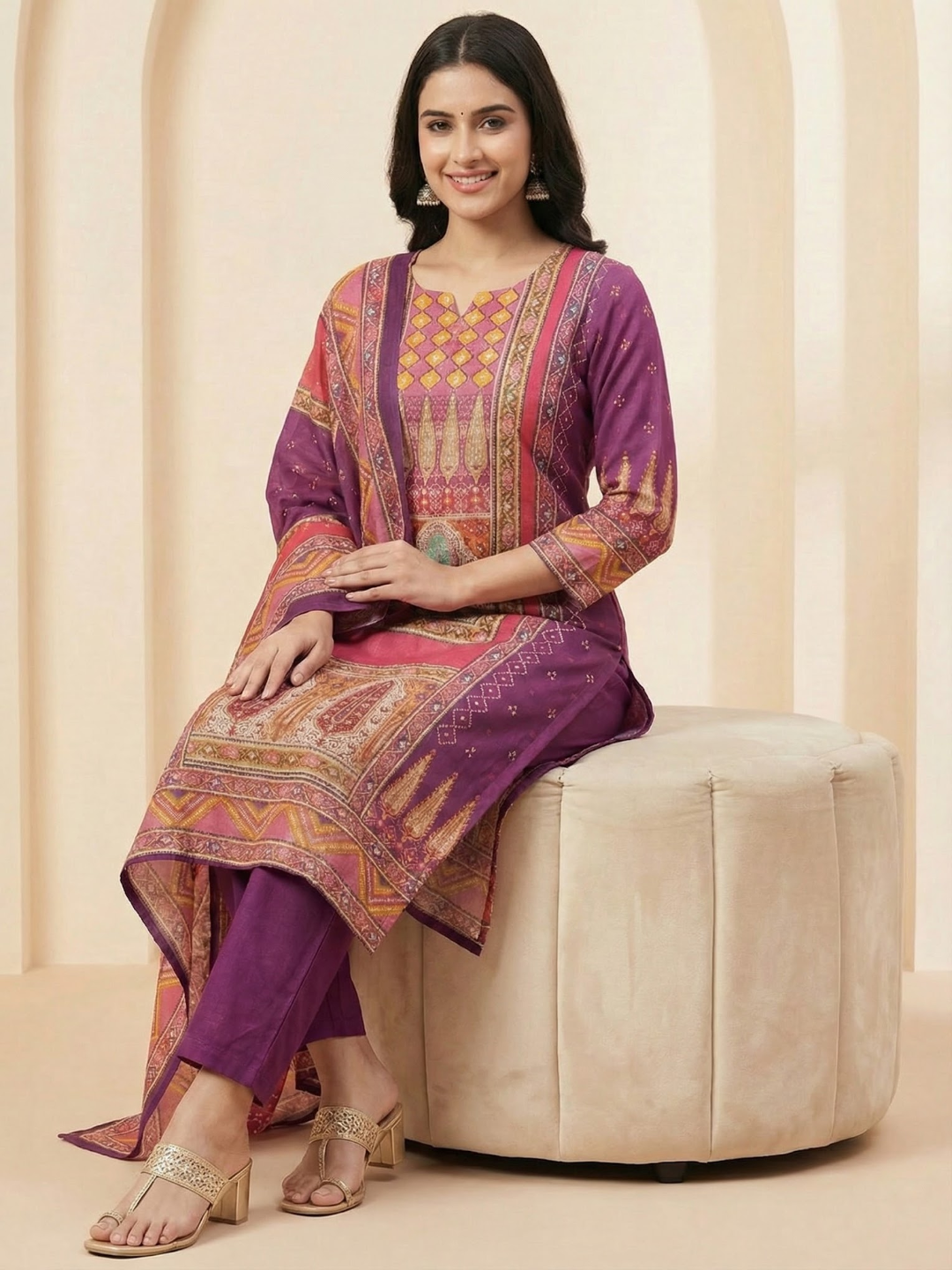 Ethnic Floral Printed Straight Fit Kurta with Pant and Dupatta - Multi
