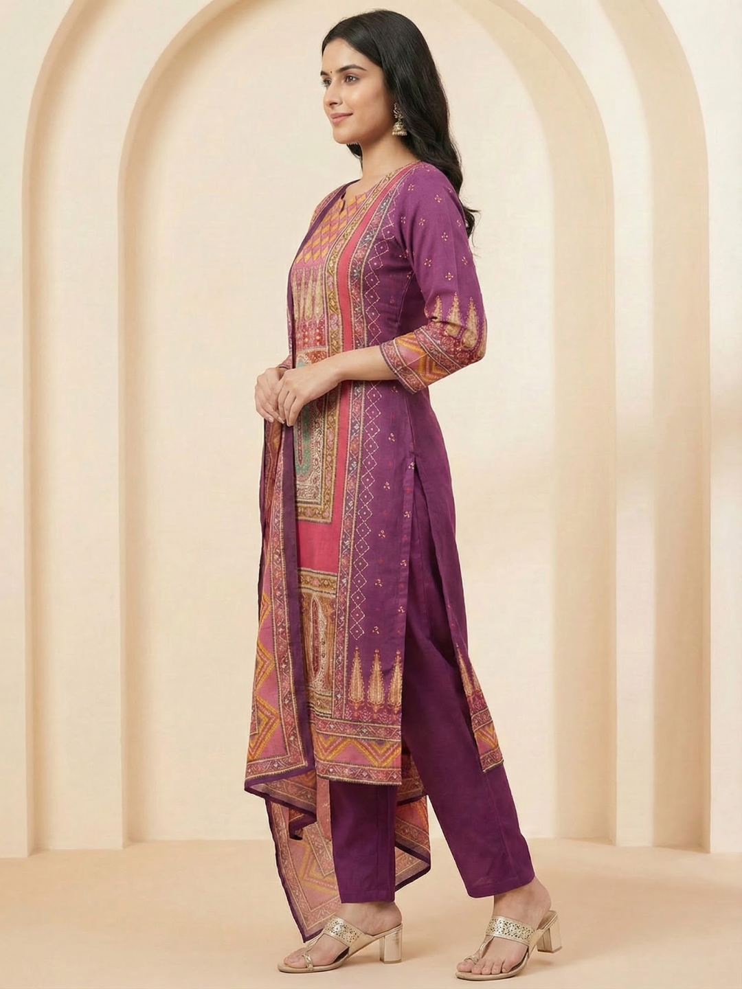 Ethnic Floral Printed Straight Fit Kurta with Pant and Dupatta - Multi