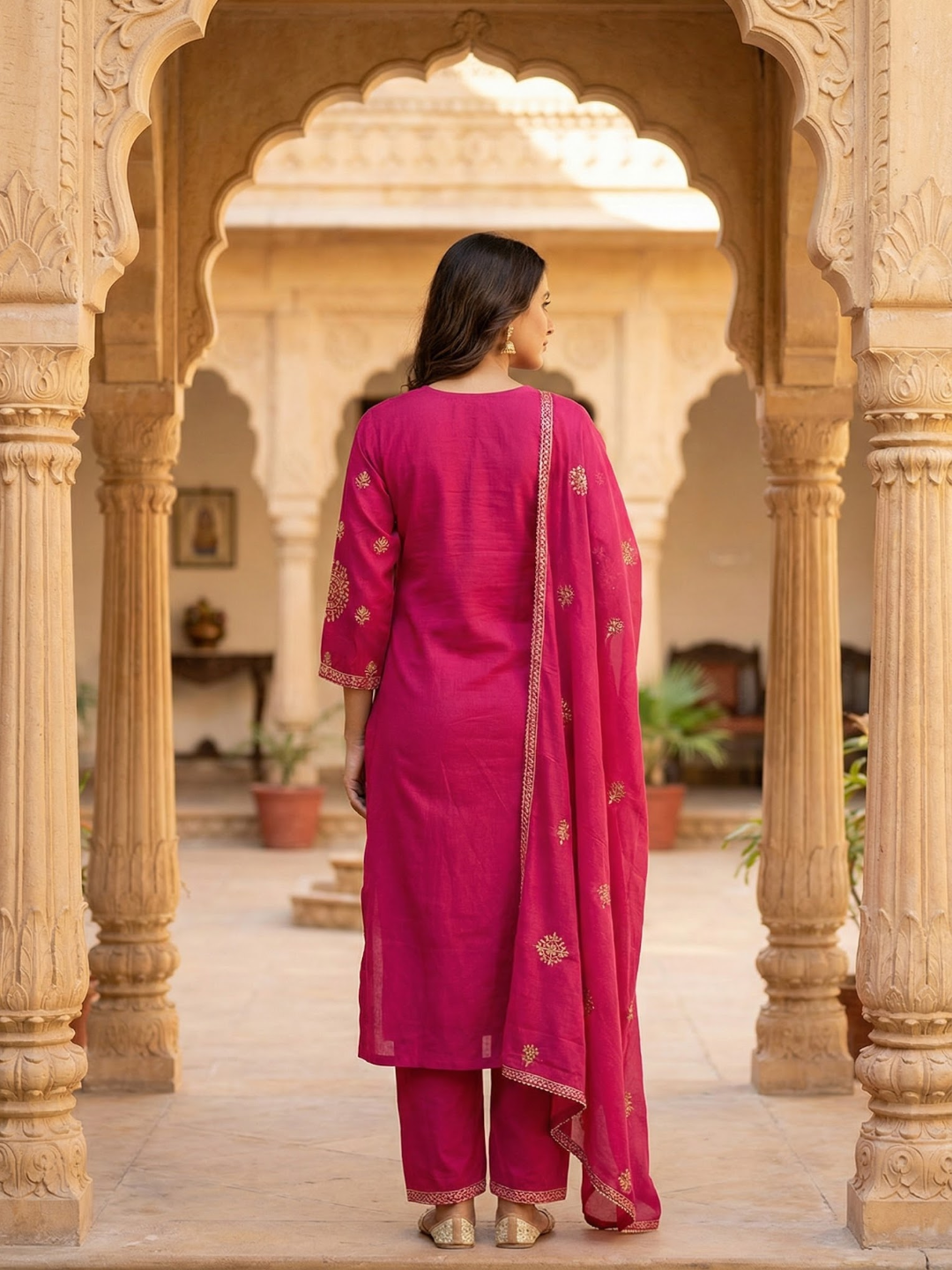 Solid Ethnic Embroidered A-Line Kurta with Pant & Dupatta - Pink
