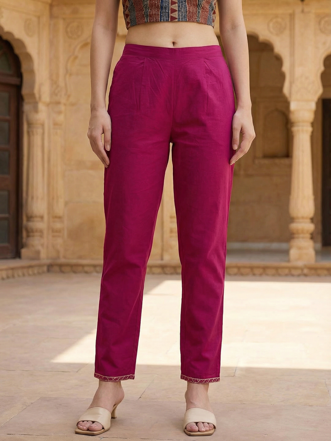 Solid Ethnic Embroidered A-Line Kurta with Pant & Dupatta - Pink