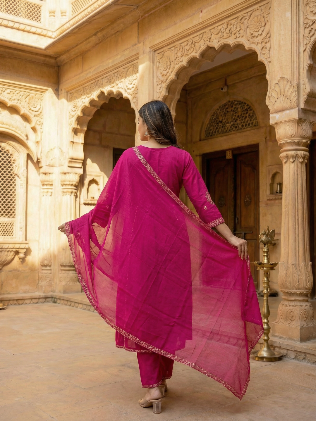 Solid Ethnic Embroidered A-Line Kurta with Pant & Dupatta - Pink