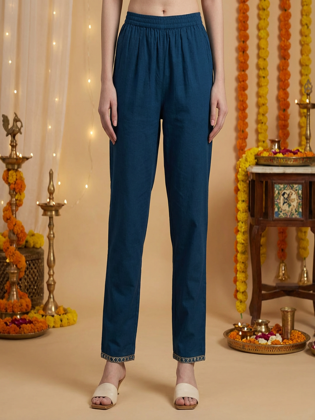 Solid Ethnic Embroidered A-Line Kurta with Pant & Dupatta - Teal