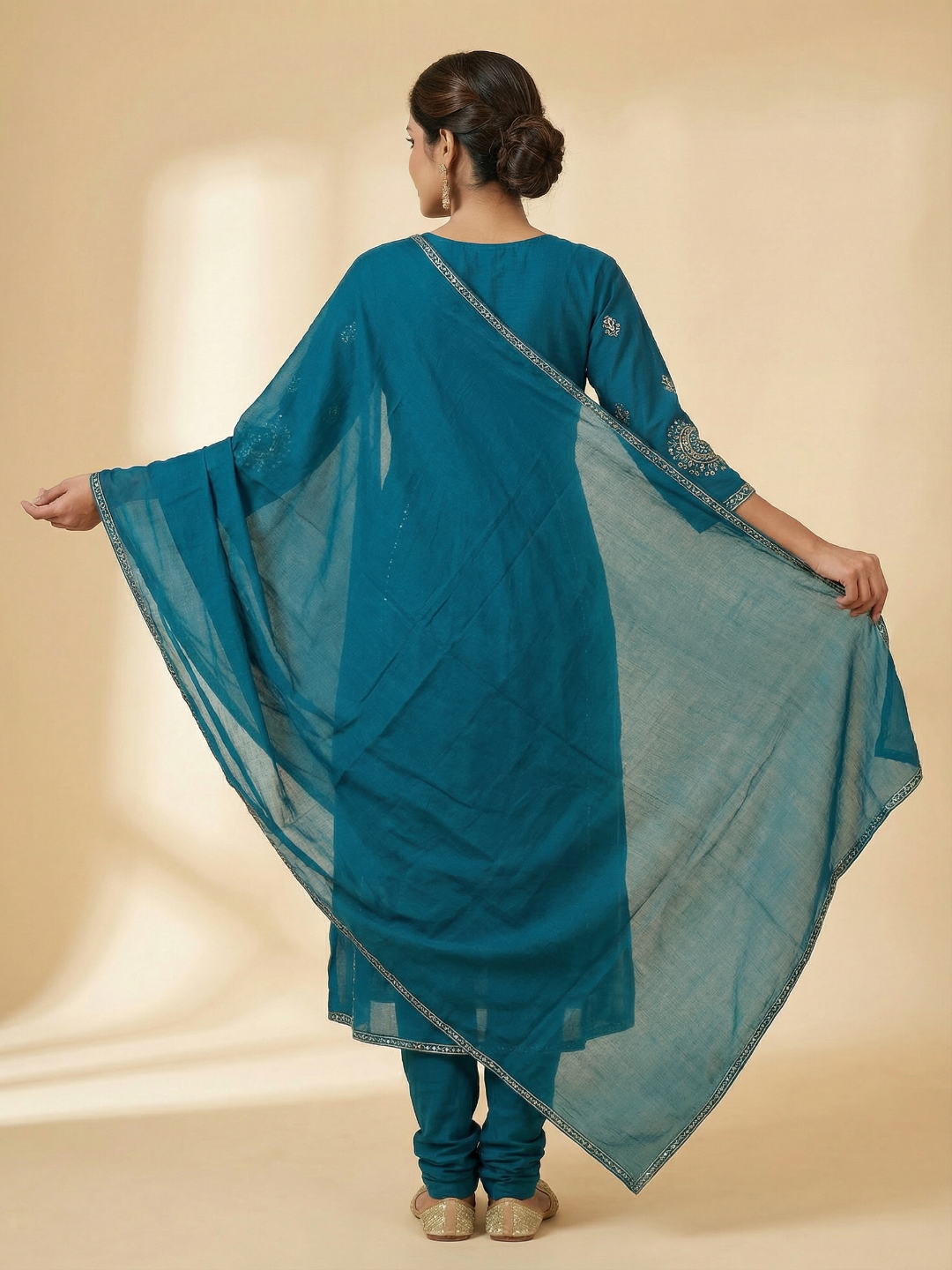 Solid Ethnic Embroidered A-Line Kurta with Pant & Dupatta - Teal