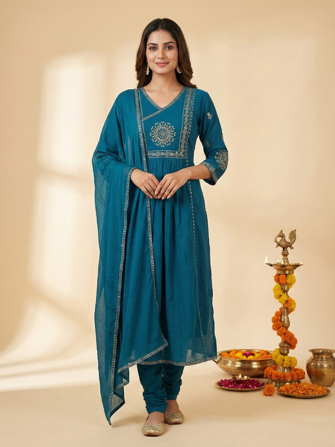 Solid Ethnic Embroidered A-Line Kurta with Pant & Dupatta - Teal