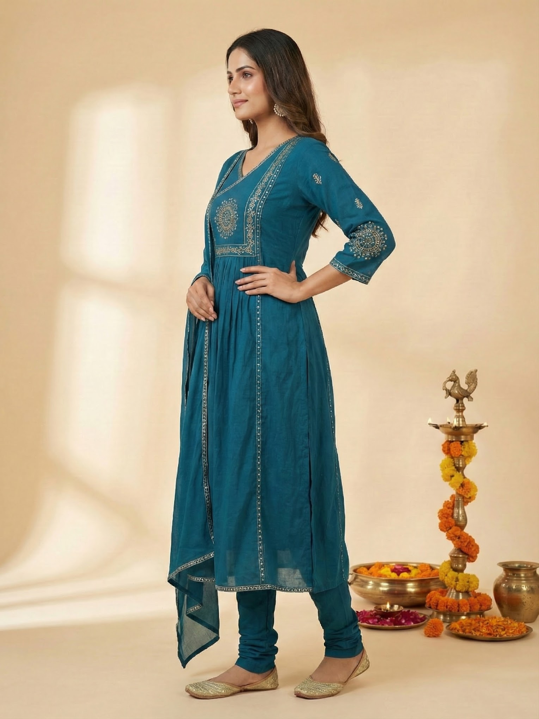 Solid Ethnic Embroidered A-Line Kurta with Pant & Dupatta - Teal