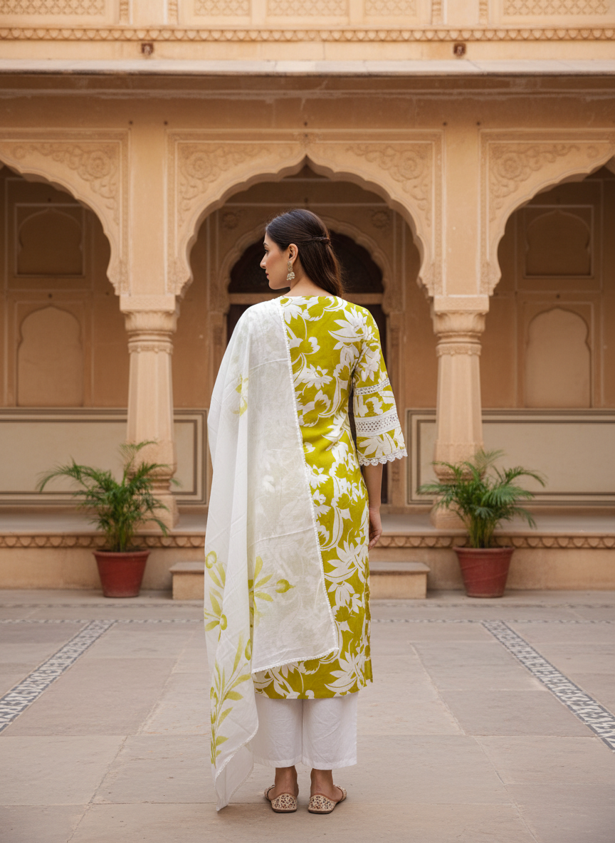 Abstract Floral Printed Straight Fit Kurta with Pant and Dupatta - Lime Green