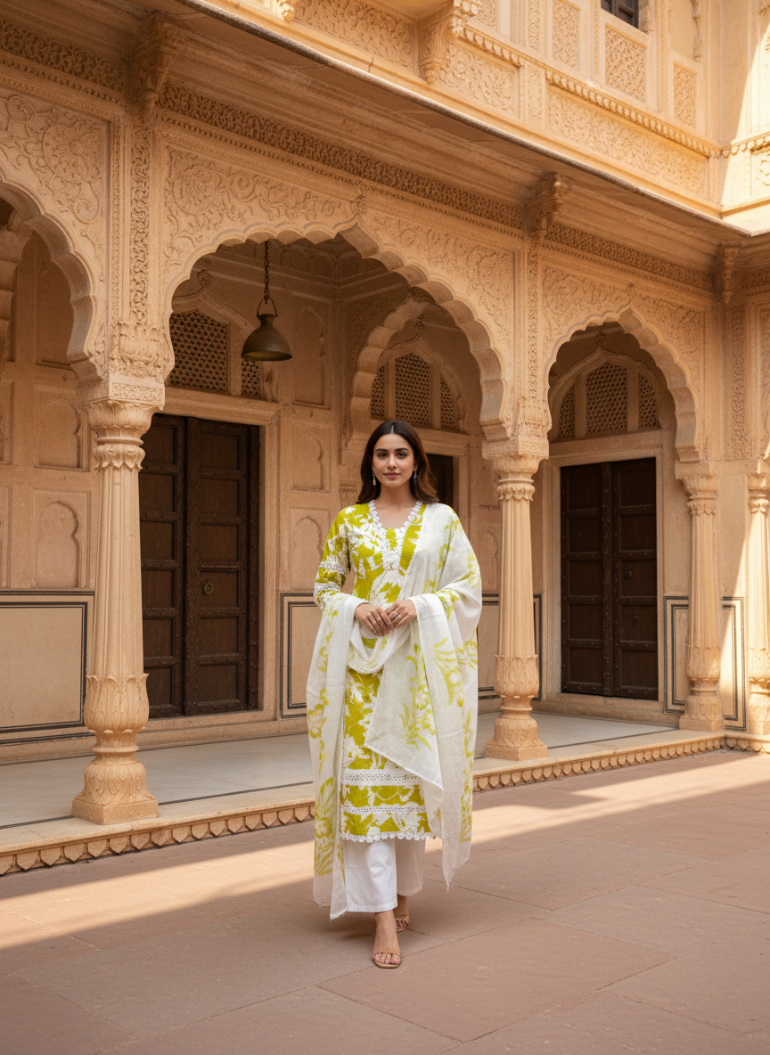 Abstract Floral Printed Straight Fit Kurta with Pant and Dupatta - Lime Green