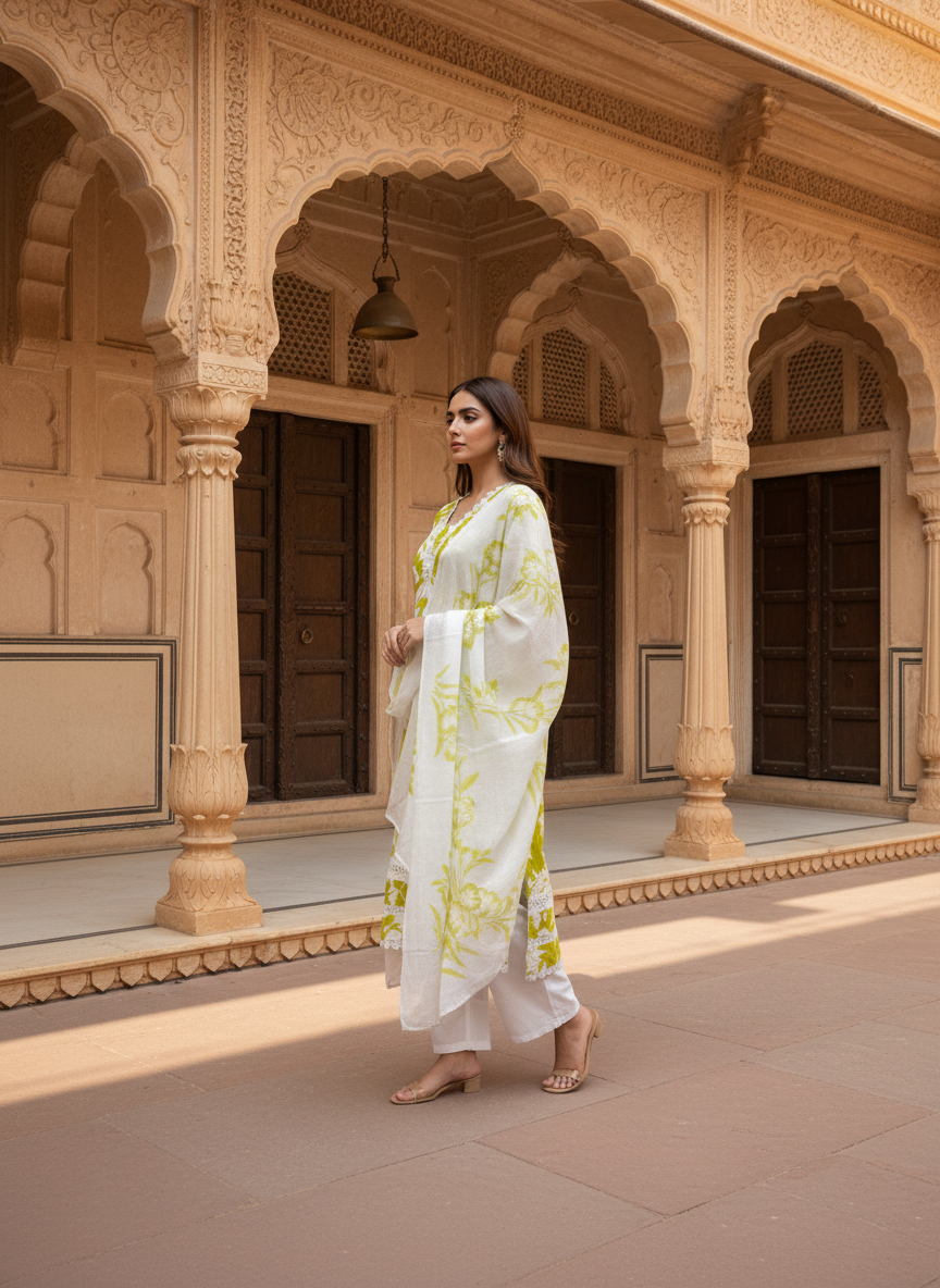 Abstract Floral Printed Straight Fit Kurta with Pant and Dupatta - Lime Green