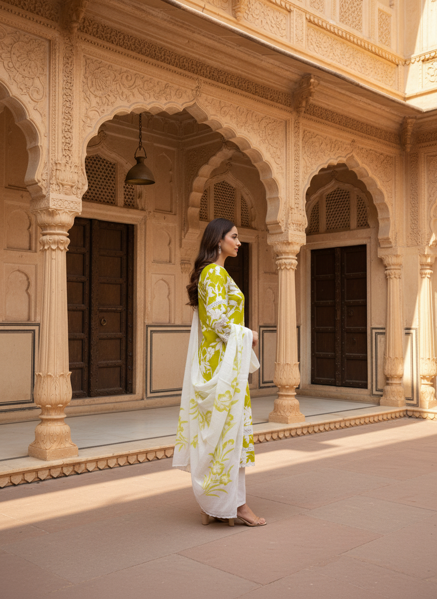 Abstract Floral Printed Straight Fit Kurta with Pant and Dupatta - Lime Green