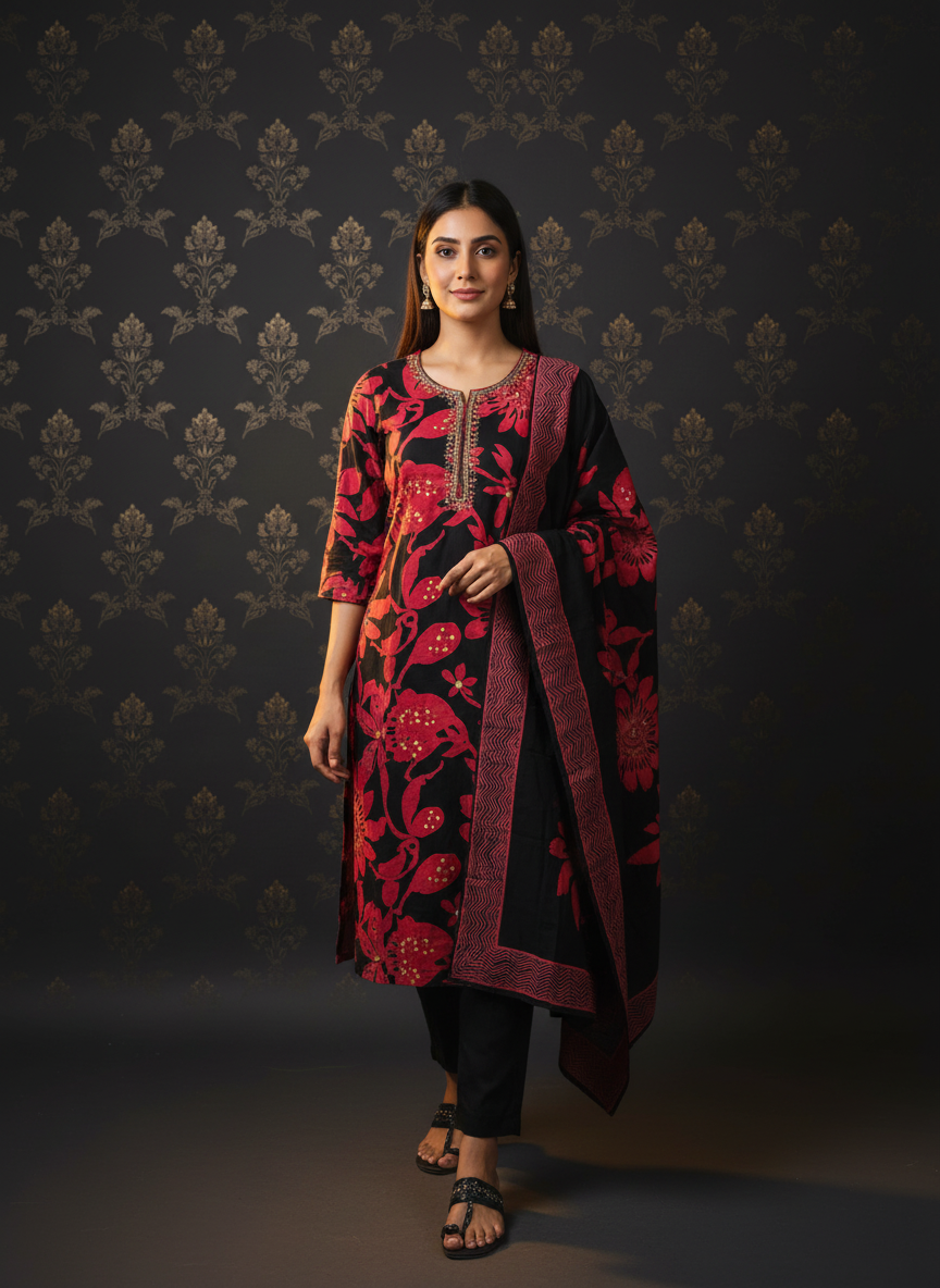 Floral Printed Straight Embroidered Kurta with Pant & Dupatta - Black