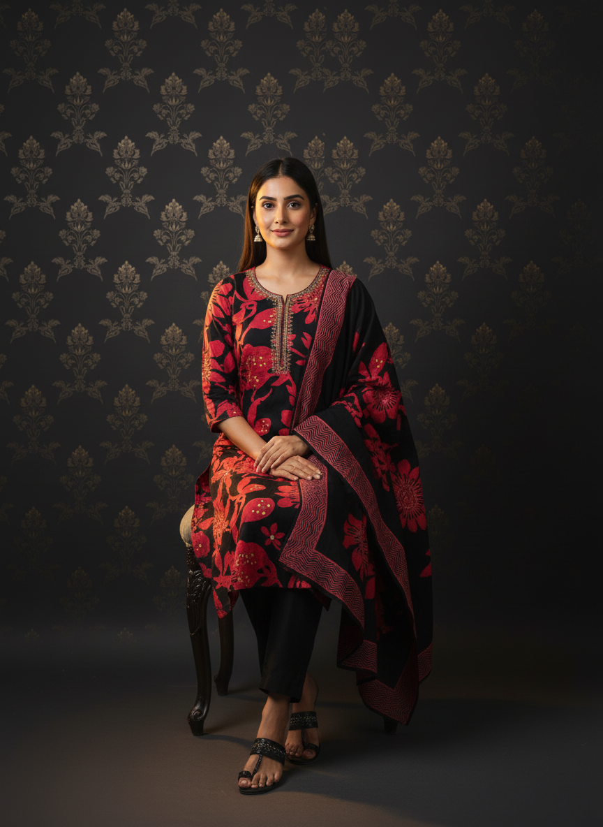 Floral Printed Straight Embroidered Kurta with Pant & Dupatta - Black