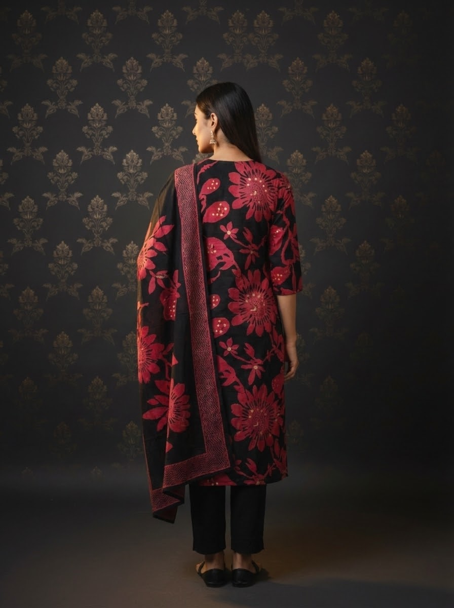 Floral Printed Straight Embroidered Kurta with Pant & Dupatta - Black