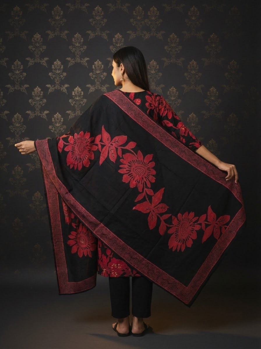 Floral Printed Straight Embroidered Kurta with Pant & Dupatta - Black