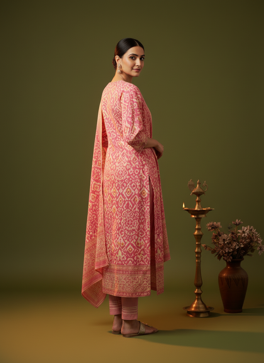 Ethnic Printed Straight Embroidered Kurta with Pant & Dupatta - Pink