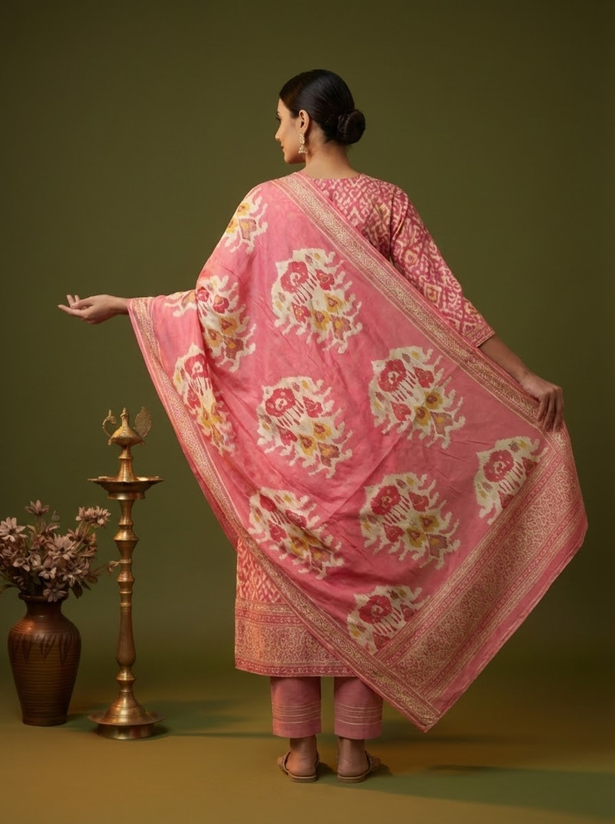 Ethnic Printed Straight Embroidered Kurta with Pant & Dupatta - Pink